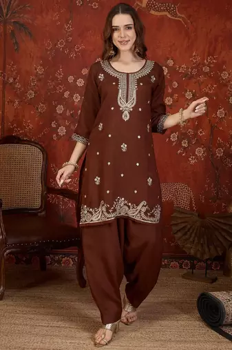 Coffee color smart elegant vichitra fabric smart embroidered suit for festive wear