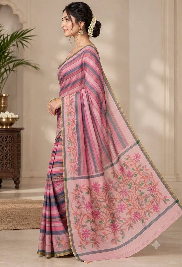 cotton blend saree with elegant printed design for festive & casual wear