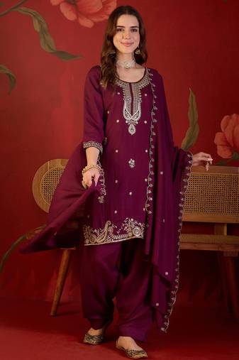 Burgundy color smart elegant vichitra fabric smart embroidered suit for festive wear
