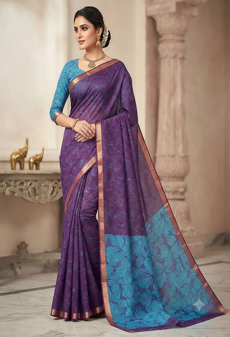 cotton blend saree with elegant printed design for festive & casual wear