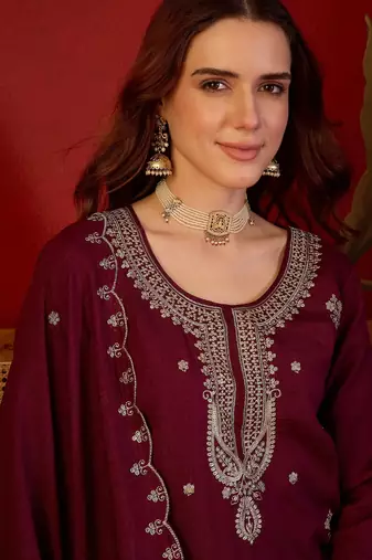 Burgundy color smart elegant vichitra fabric smart embroidered suit for festive wear