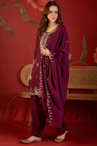 Burgundy color smart elegant vichitra fabric smart embroidered suit for festive wear