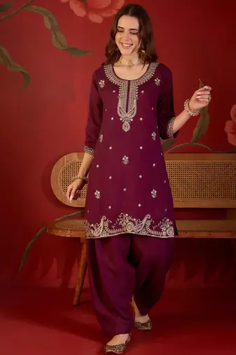 Burgundy color smart elegant vichitra fabric smart embroidered suit for festive wear