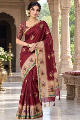 cotton blend saree with elegant printed design for festive & casual wear 1