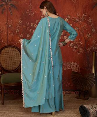 Sky blue color smart elegant roman simmer fabric smart embroidered suit for festive wear 2