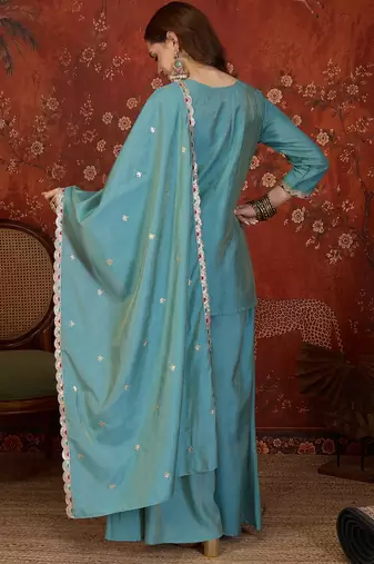 Sky blue color smart elegant roman simmer fabric smart embroidered suit for festive wear