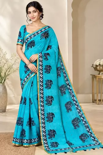 cotton blend saree with elegant printed design for festive & casual wear