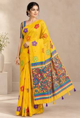 cotton blend saree with elegant printed design for festive & casual wear 1