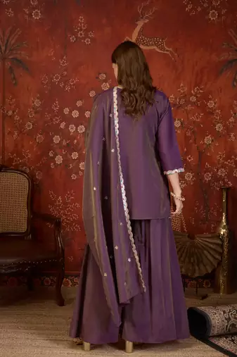 Purple color smart elegant roman simmer fabric smart embroidered suit for festive wear