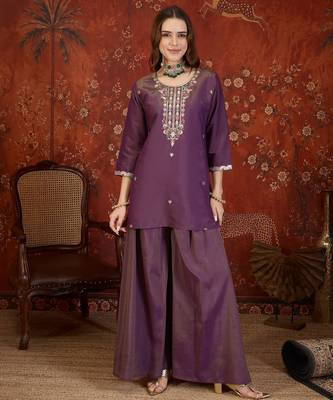 Purple color smart elegant roman simmer fabric smart embroidered suit for festive wear 5