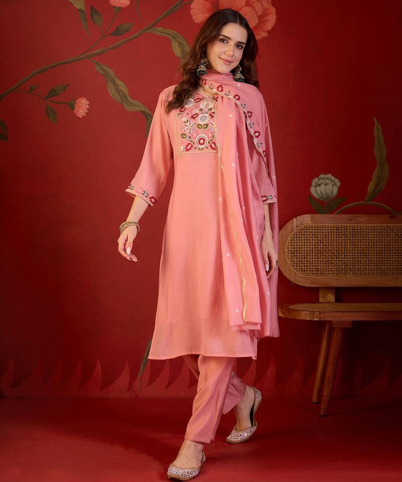 Peach color smart elegant mul cotton fabric smart embroidered suit for festive wear