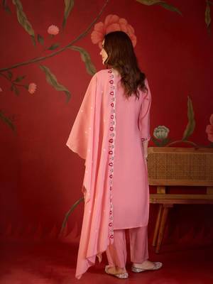 Peach color smart elegant mul cotton fabric smart embroidered suit for festive wear 2