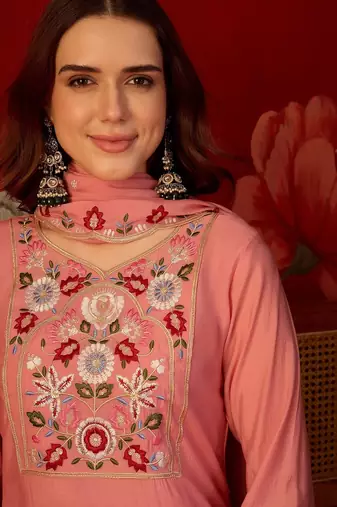 Peach color smart elegant mul cotton fabric smart embroidered suit for festive wear