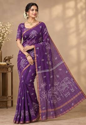 cotton blend saree with elegant printed design for festive & casual wear 1