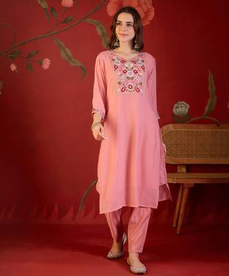 Peach color smart elegant mul cotton fabric smart embroidered suit for festive wear 5