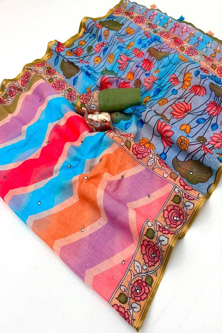 cotton blend saree with elegant printed design for festive & casual wear