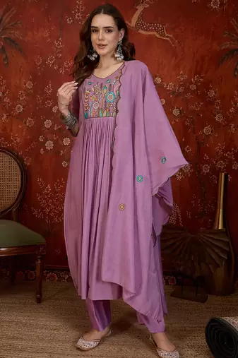 Lavender color smart elegant mul cotton fabric smart embroidered suit for festive wear