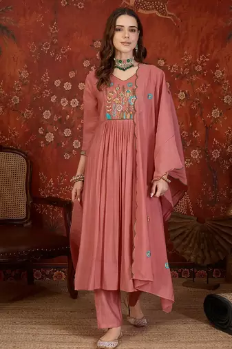 Peach color smart elegant mul cotton fabric smart embroidered suit for festive wear