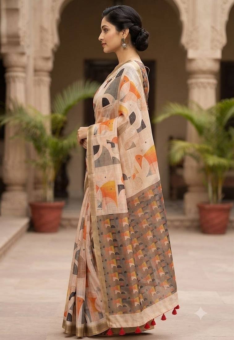 cotton blend saree with elegant printed design for festive & casual wear