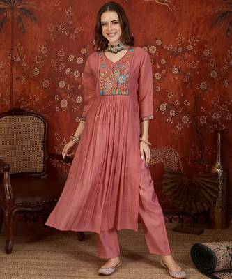 Peach color smart elegant mul cotton fabric smart embroidered suit for festive wear 5