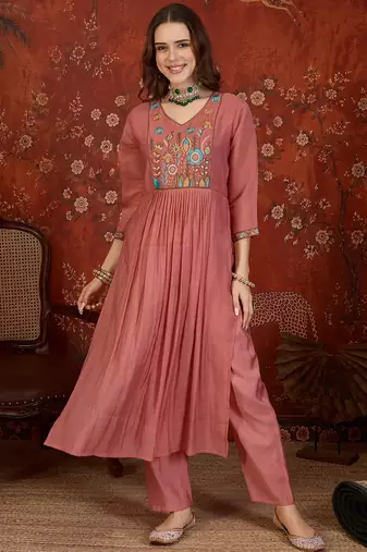 Peach color smart elegant mul cotton fabric smart embroidered suit for festive wear