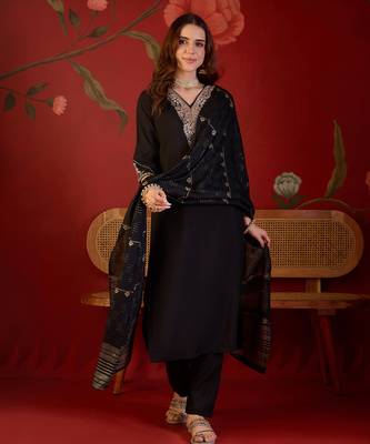 Black color smart elegant roman silk fabric smart embroidered suit for festive wear 1