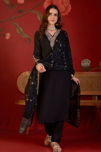 Black color smart elegant roman silk fabric smart embroidered suit for festive wear