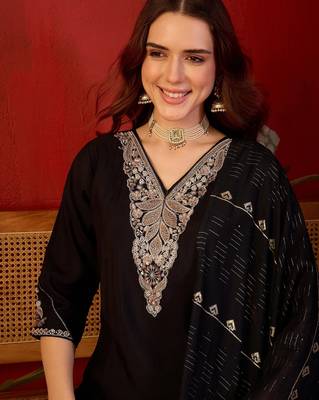 Black color smart elegant roman silk fabric smart embroidered suit for festive wear 3