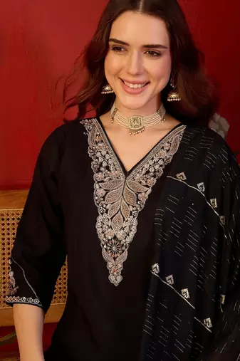 Black color smart elegant roman silk fabric smart embroidered suit for festive wear