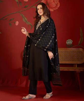 Black color smart elegant roman silk fabric smart embroidered suit for festive wear 4