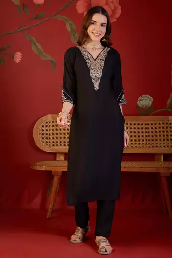 Black color smart elegant roman silk fabric smart embroidered suit for festive wear