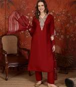 Maroon color smart elegant roman silk fabric smart embroidered suit for festive wear