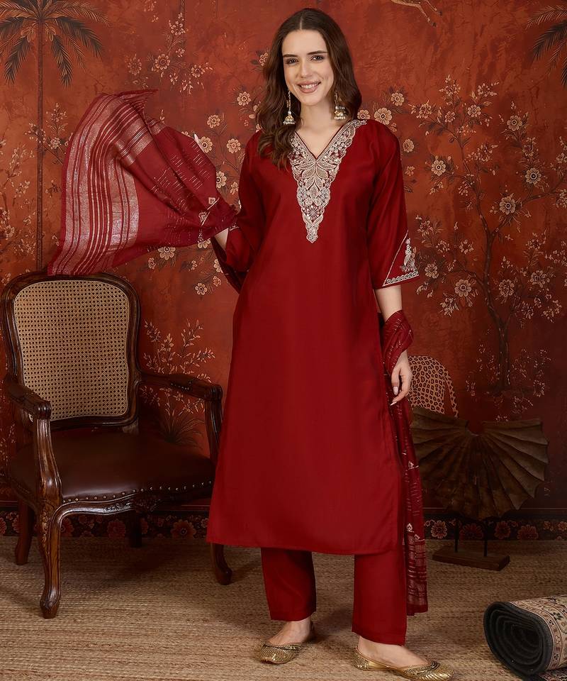 Maroon color smart elegant roman silk fabric smart embroidered suit for festive wear