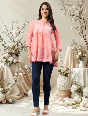 Seva chikan hand embroidered peach terivoil lucknowi chikan top scl9243 1