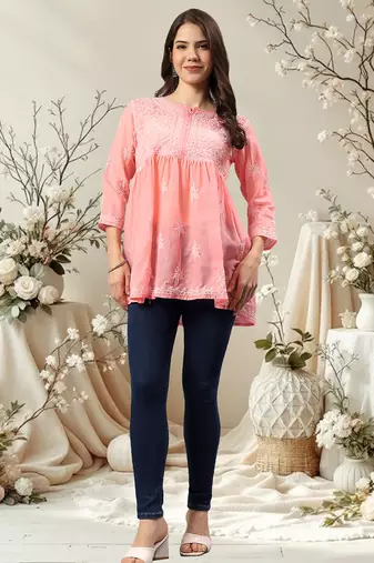 Seva chikan hand embroidered peach terivoil lucknowi chikan top scl9243