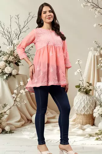 Seva chikan hand embroidered peach terivoil lucknowi chikan top scl9243