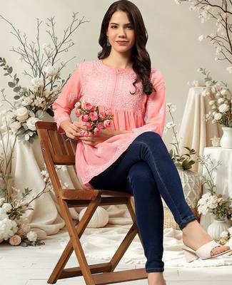 Seva chikan hand embroidered peach terivoil lucknowi chikan top scl9243 3