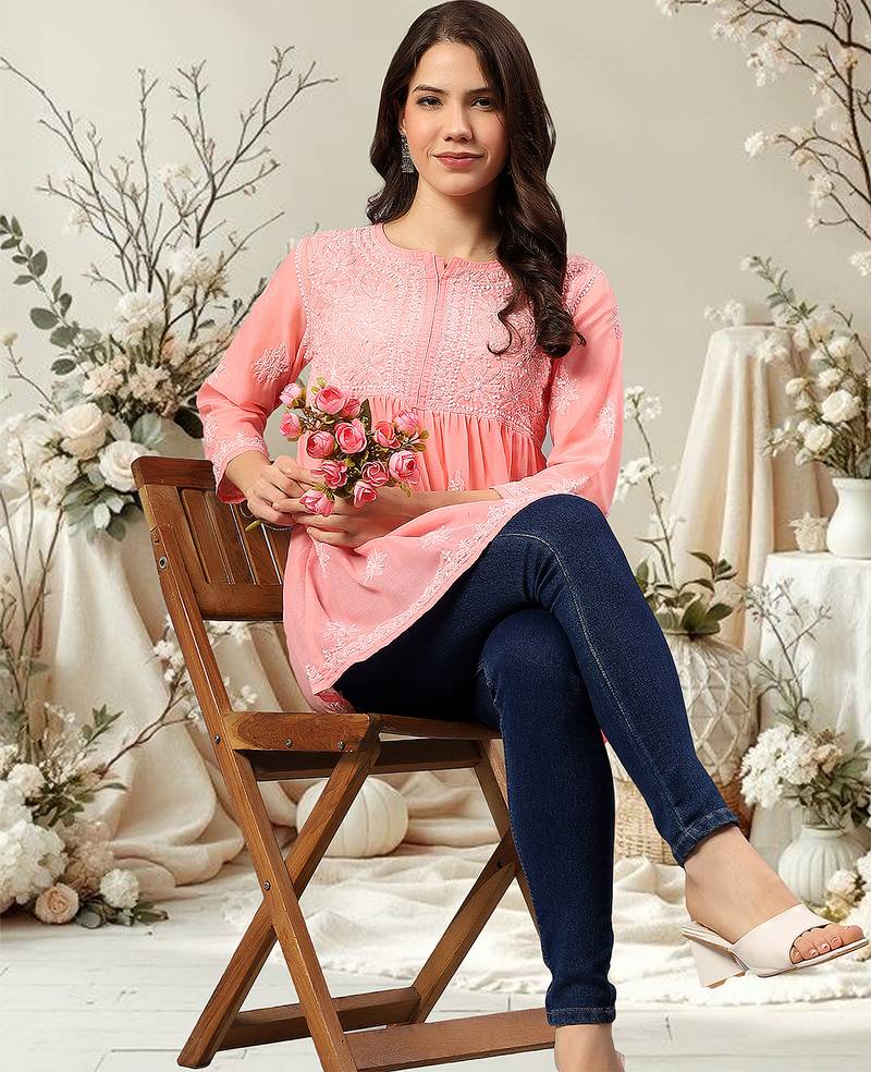 Seva chikan hand embroidered peach terivoil lucknowi chikan top scl9243