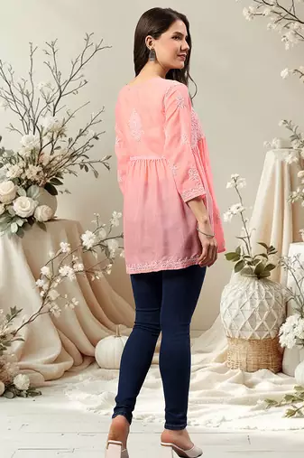 Seva chikan hand embroidered peach terivoil lucknowi chikan top scl9243