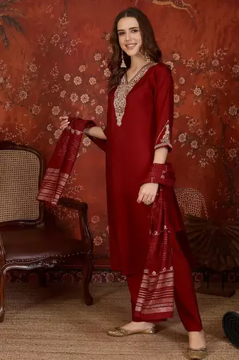 Maroon color smart elegant roman silk fabric smart embroidered suit for festive wear