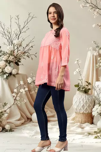 Seva chikan hand embroidered peach terivoil lucknowi chikan top scl9243