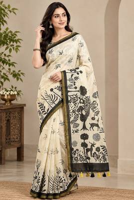 cotton blend saree with elegant printed design for festive & casual wear 1