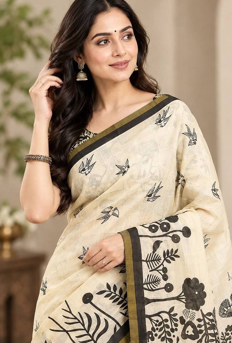 cotton blend saree with elegant printed design for festive & casual wear