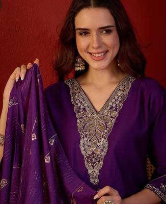 Violet color smart elegant roman silk fabric smart embroidered suit for festive wear 3