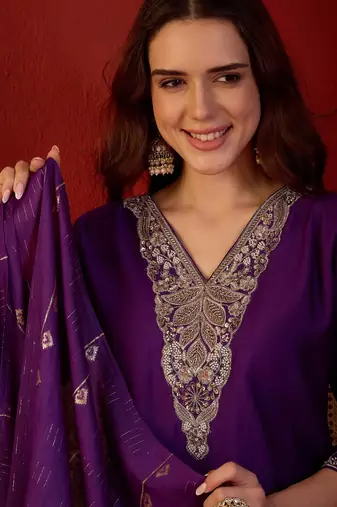 Violet color smart elegant roman silk fabric smart embroidered suit for festive wear