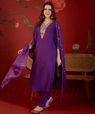 Violet color smart elegant roman silk fabric smart embroidered suit for festive wear 4