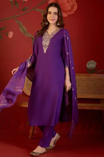 Violet color smart elegant roman silk fabric smart embroidered suit for festive wear