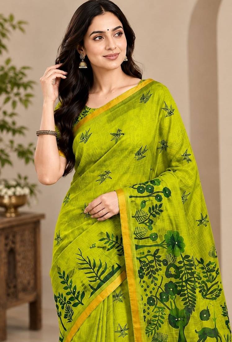 cotton blend saree with elegant printed design for festive & casual wear