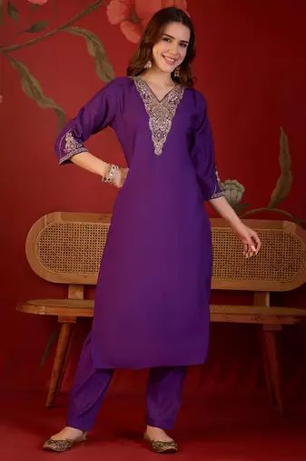 Violet color smart elegant roman silk fabric smart embroidered suit for festive wear