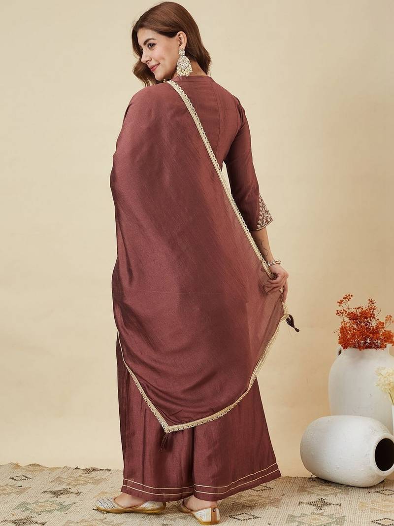 Brown color smart vichitra silk fabric beautiful partywear salwar kameez